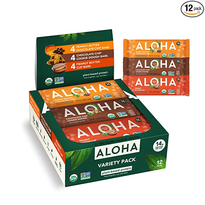 ALOHA Organic Plant Based Protein Bars - Peanut Butter & Cookie Dough Variety Pack - 12 Count, 1.9oz Bars - Vegan Snacks, Low Sugar, Gluten-Free, Low Carb, Paleo, Non-GMO, Stevia-Free, No Sugar Alcohols (Peanut Butter & Cookie Dough) - 842096109638