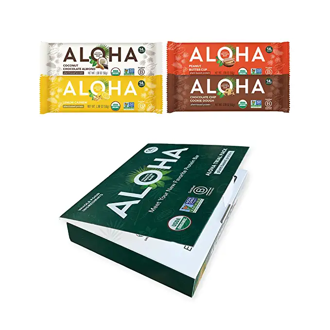 ALOHA Organic Plant Based Protein Bars Trial Pack - 4 Flavors - 1.98oz Bars - Vegan Snacks, Low Sugar, Gluten-Free, Low Carb, Paleo, Non-GMO, Stevia-Free, No Erythritol - 842096120008