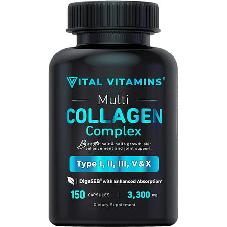 Vital Vitamins Multi Collagen Complex - Type I II III V X Grass Fed Non-GMO 150 Capsules - 842217160494
