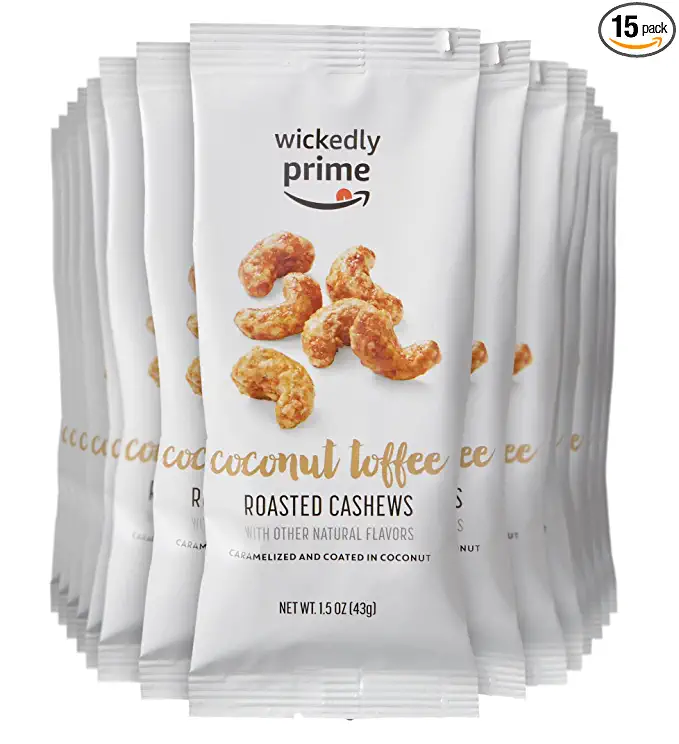 Amazon Brand - Wickedly Prime Roasted Cashews, Coconut Toffee, Snack Pack, 1.5 Ounce (Pack of 15) - 842379102424