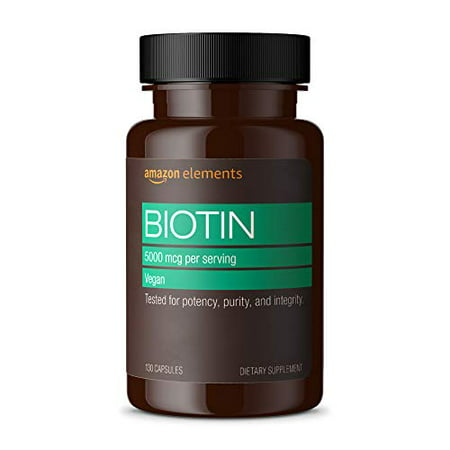 Amazon Elements Vegan Biotin 5000 mcg - Hair Skin Nails - 130 Capsules (4 month supply) (Packaging may vary) - 842379103087