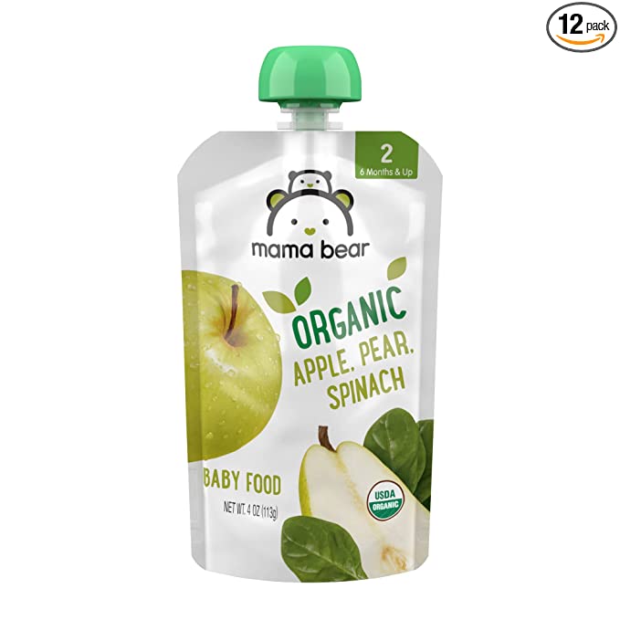  Amazon Brand - Mama Bear Organic Baby Food, Stage 2, Apple Pear Spinach, 4 Ounce Pouch (Pack of 12)  - 842379105876