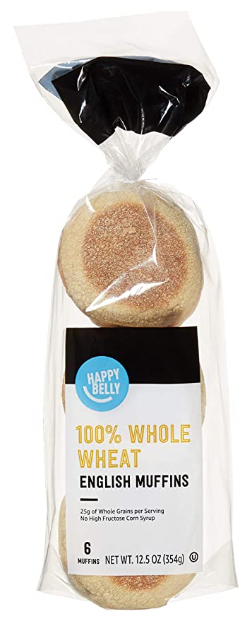  Amazon Brand - Happy Belly 100% Whole Wheat English Muffins, 6 Count, 12.8 Ounce  - 842379195488