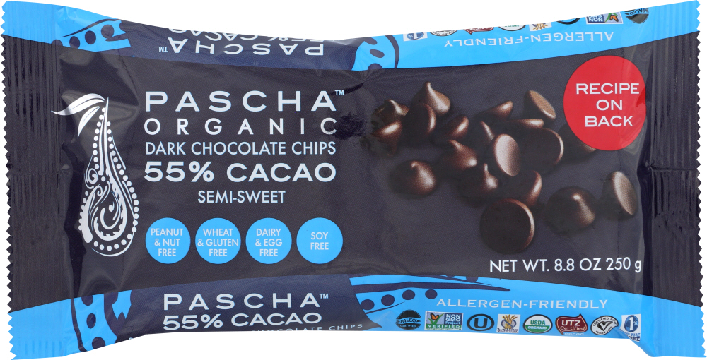 Pascha'S Organic 55% Cacao Semi-Sweet Dark Chocolate Chips, 8.8 Oz - 842638005015