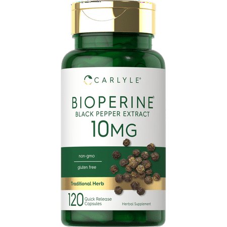 Bioperine 10mg 120 Capsules Non-GMO Gluten Free | Sourced from Black Pepper Extract | Supports Curcumin Powder Absorption | by Carlyle - 843604100901