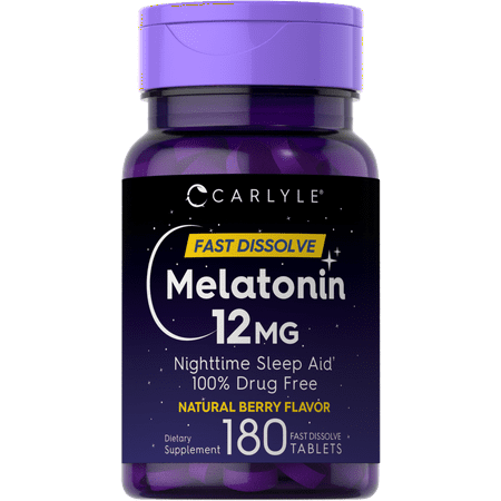 Melatonin 12 mg Fast Dissolve 180 tablets | Nighttime Sleep Aid | Natural Berry Flavor | Vegetarian Non-GMO Gluten Free | by Carlyle - 843604100925