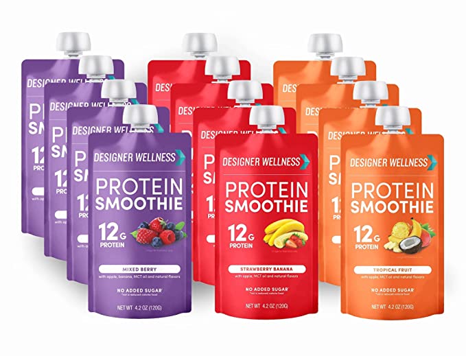  Designer Wellness Protein Smoothie, Real Fruit, 12g Protein, Low Carb, Zero Added Sugar, Gluten-Free, Non-GMO, No Artificial Colors or Flavors, Variety Pack, 12 Count  - 844334012618