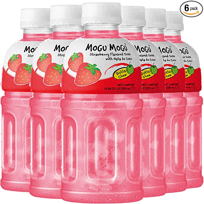  Mogu drink strawberry juice (6 Packs) Drinks for kids made with fruit and nata de coco (coconut jelly) Fun chewable boxes kids. bottles adults ready to juices, 10.82 Fl Oz (Pack of 6)  - 844793010026