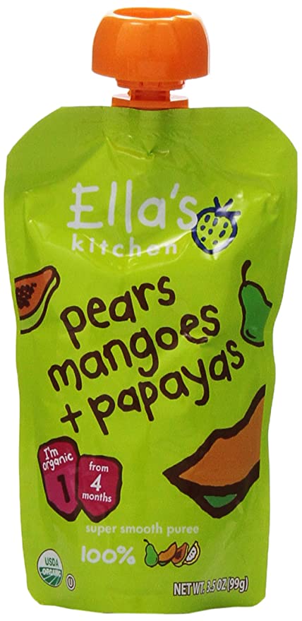  Ella's Kitchen Organic 4+ Months Baby Food, Pears, Mangoes and Papayas Fruit Puree, 3.5 oz. Pouch  - 845901022177