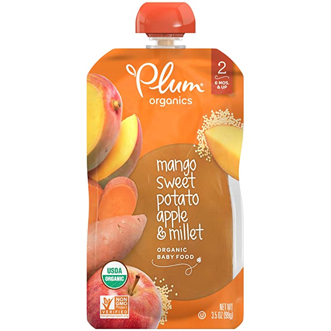  Plum Organics Baby Food Pouch | Stage 2 | Mango, Sweet Potato, Apple & Millet | 3.5 Ounce | 12 Pack | Fresh Organic Food Squeeze | For Babies, Kids, Toddlers  - 846675001047