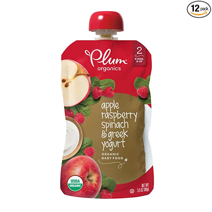  Plum Organics Baby Food Pouch | Stage 2 | Apple, Raspberry, Spinach and Greek Yogurt | 3.5 Ounce | 12 Pack | Fresh Organic Food Squeeze | For Babies, Kids, Toddlers  - 846675001320