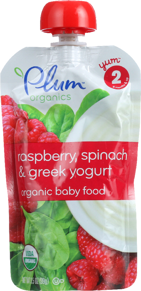 Plum Organics Baby Food - Organic - Raspberry Spinach And Greek Yogurt - Stage 2 - 6 Months And Up - 3.5 .oz - Case Of 6 - 0846675001320