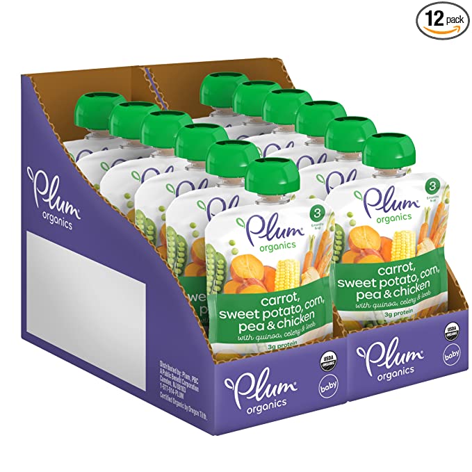  Plum Organics Baby Food Pouch | Stage 3 | Carrot, Sweet Potato, Corn, Pea and Chicken | 4 Ounce | 12 Pack | Organic Food Squeeze for Babies, Kids, Toddlers  - 846675003331