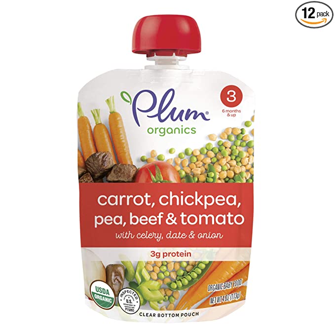  Plum Organics Baby Food Pouch | Stage 3 | Carrot, Chickpea, Pea, Beef and Tomato | 4 Ounce | 12 Pack | Organic Food Squeeze for Babies, Kids, Toddlers  - 846675003348