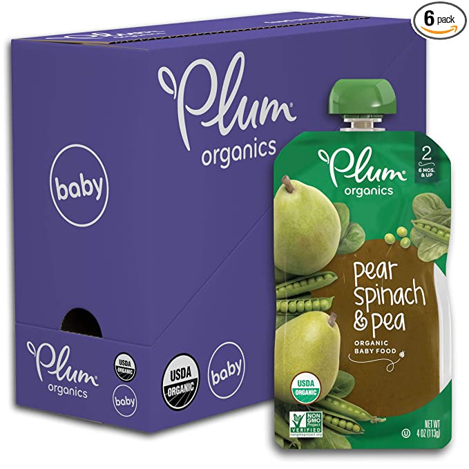  Plum Organics Baby Food Pouch | Stage 2 | Pear, Spinach and Pea | Fresh Organic Food Squeeze | For Babies, Kids, Toddlers | 4 Ounce (Pack of 6)  - 890180001191