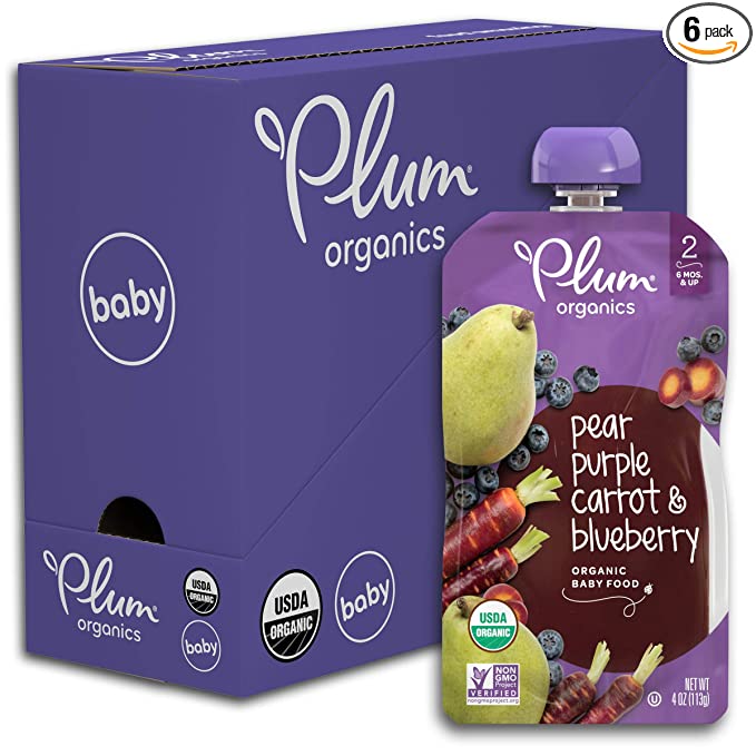  Plum Organics Baby Food Pouch | Stage 2 | Pear, Purple Carrot and Blueberry | 3.5 Ounce | 6 Pack | Fresh Organic Food Squeeze | For Babies, Kids, Toddlers  - 846675003928