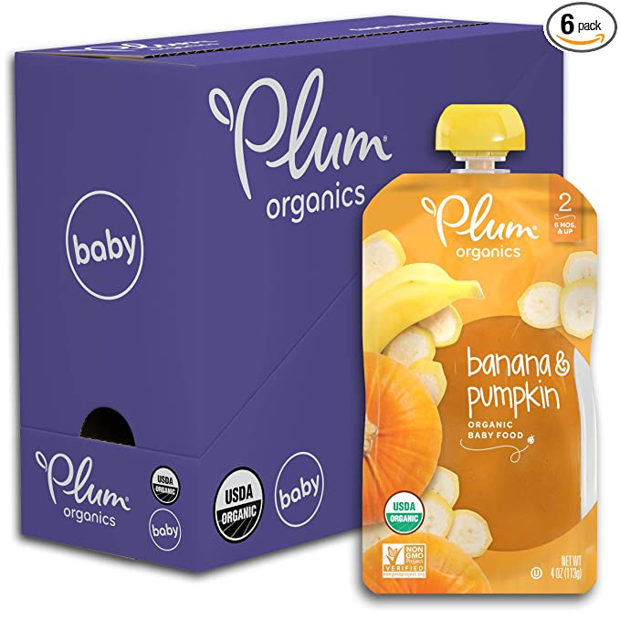  Plum Organics Baby Food Pouch | Stage 2 | Banana & Pumpkin | 4 Ounce (Pack of 6) | Fresh Organic Food Squeeze | For Babies, Kids, Toddlers  - 846675003959