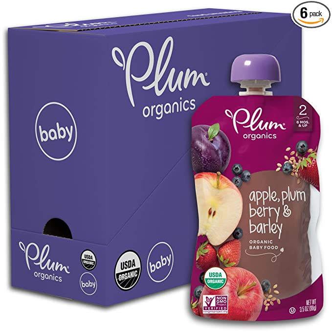 Plum Organics Baby Food Pouch | Stage 2 | Apple, Plum, Berry & Barley | 3.5 Ounce | 6 Pack | Fresh Organic Food Squeeze | For Babies, Kids, Toddlers - 846675003980