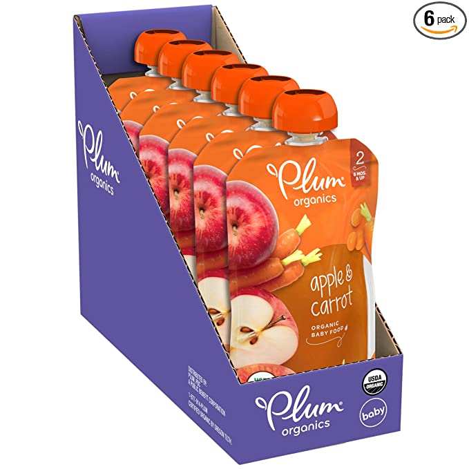  Plum Organics Baby Food Pouch | Stage 2 | Apple & Carrot | 4 Ounce (Pack of 6) | Fresh Organic Food Squeeze | For Babies, Kids, Toddlers  - 846675003997