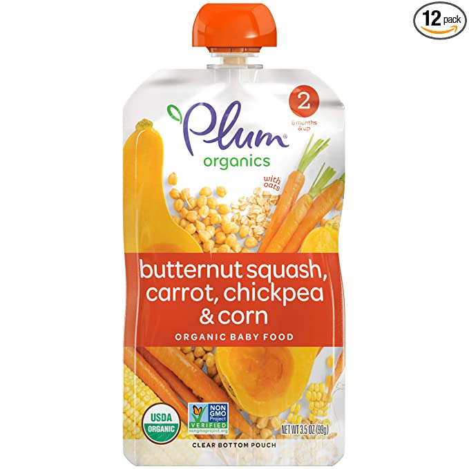Plum Organics Baby Food Pouch | Stage 2 | Butternut Squash, Carrot, Chickpea & Corn | 3.5 Ounce | 6 Pack | Fresh Organic Food Squeeze | For Babies, Kids, Toddlers - 846675004154