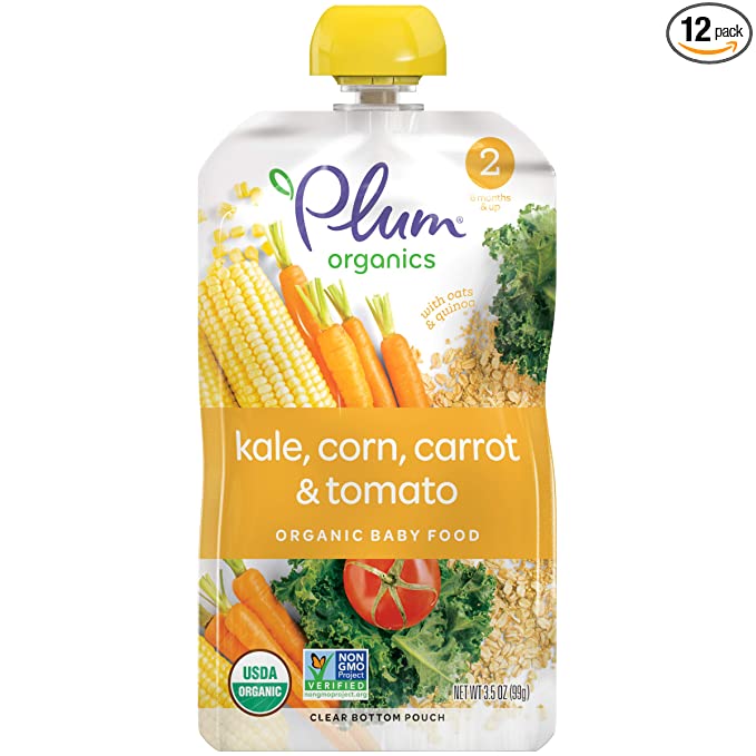  Plum Organics Baby Food Pouch | Stage 2 | Kale, Corn, Carrot & Tomato | 3.5 Ounce | 12 Pack | Fresh Organic Food Squeeze | For Babies, Kids, Toddlers  - 846675004130