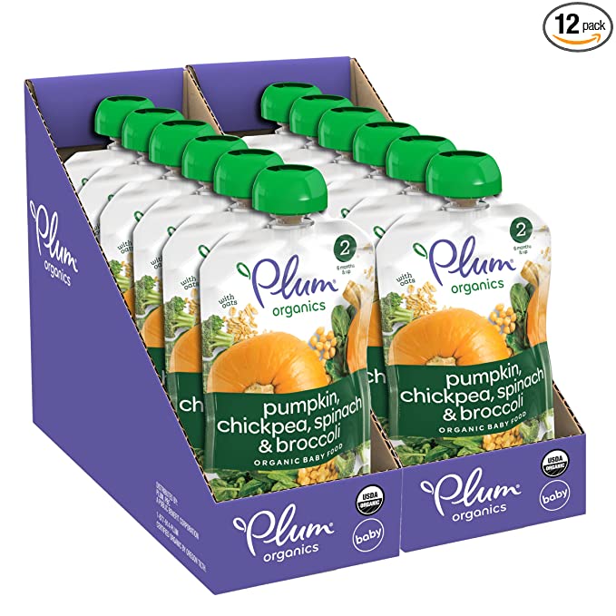 Plum Organics Baby Food Pouch | Stage 2 | Pumpkin, Spinach, Chickpea, Broccoli | 3.5 Ounce | 12 Pack | Fresh Organic Food Squeeze | For Babies, Kids, Toddlers - 846675004147