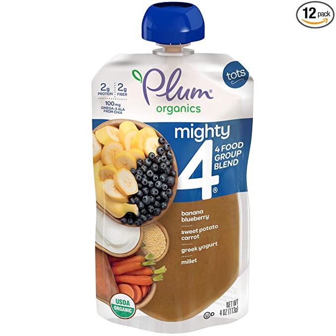  Plum Organics Baby Food Pouch | Mighty 4 | Banana, Blueberry, Sweet Potato, Carrot, Greek Yogurt and Millet | 4 Ounce | 12 Pack | Organic Food Squeeze for Babies, Kids, Toddlers  - 885536875564