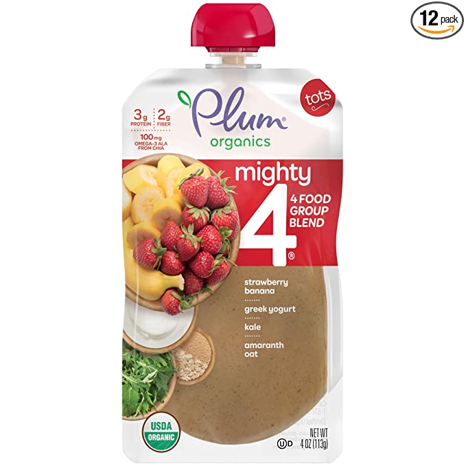  Plum Organics Baby Food Pouch | Mighty 4 | Strawberry, Banana, Greek Yogurt, Kale, Amaranth and Oat | 4 Ounce | 6 Pack | Organic Food Squeeze for Babies, Kids, Toddlers  - 846675005373