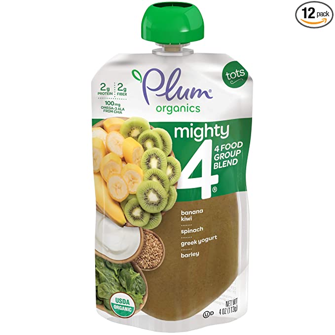  Plum Organics Baby Food Pouch | Mighty 4 | Banana, Kiwi, Spinach, Greek Yogurt and Barley | 4 Ounce | 12 Pack | Organic Food Squeeze for Babies, Kids, Toddlers  - 846675005342