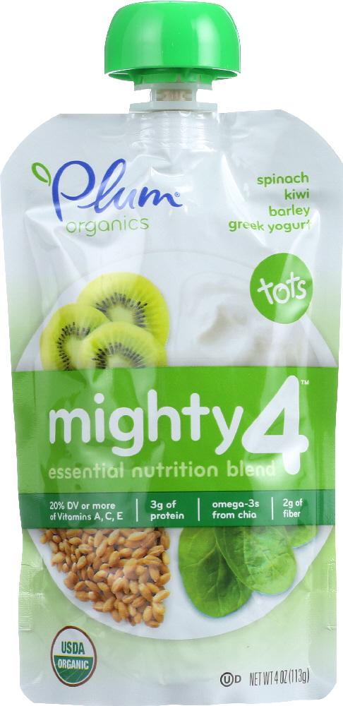 PLUM ORGANICS: Tots Mighty 4 Essential Nutrition Blend Spinach Kiwi Barley Greek Yogurt, 4 oz - 0846675005342