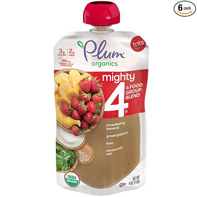Plum Organics Baby Food Pouch | Mighty 4 | Strawberry, Banana, Greek Yogurt, Kale, Amaranth and Oat | 4 Ounce | 6 Pack | Organic Food Squeeze for Babies, Kids, Toddlers - 846675005373