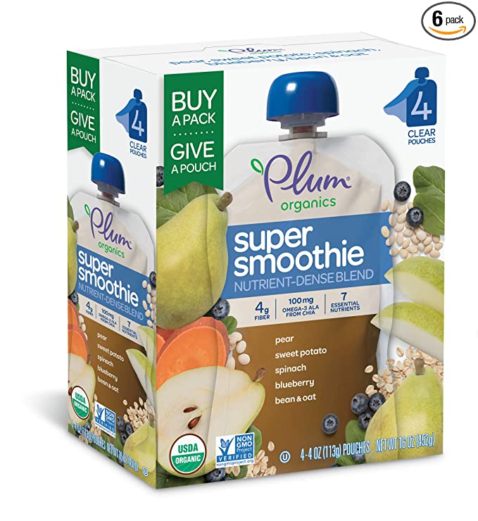 Plum Organics Super Smoothie Pear, Sweet Potato, Spinach, Blueberry with Beans & Oats, 4oz, 4 count (Pack of 6) - 846675005779