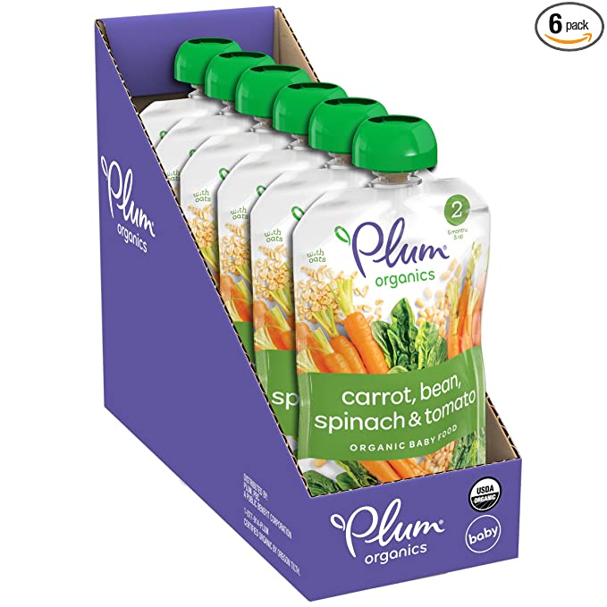 Plum Organics Baby Food Pouch | Stage 2 | Carrots, Beans, Spinach & Tomato | Fresh Organic Food Squeeze | For Babies, Kids, Toddlers, 3.5 Ounce | 6 Pack - 846675006455