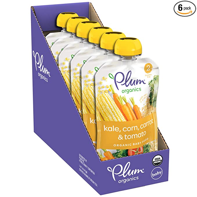 Plum Organics Baby Food Pouch | Stage 2 | Kale, Corn, Carrot & Tomato | Fresh Organic Food Squeeze | For Babies, Kids, Toddlers, 3.5 Ounce (Pack of 6) - 846675006462