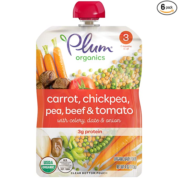  Plum Organics Baby Food Pouch | Stage 3 | Carrot, Chickpea, Pea, Beef & Tomato | 4 Ounce | 6 Pack | Organic Food Squeeze for Babies, Kids, Toddlers  - 846675006493