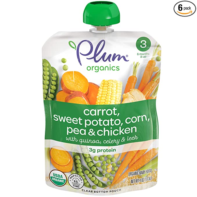  Plum Organics Baby Food Pouch | Stage 3 | Carrot, Sweet Potato, Corn, Pea and Chicken | 4 Ounce (Pack of 6) | | Organic Food Squeeze for Babies, Kids, Toddlers  - 846675006509
