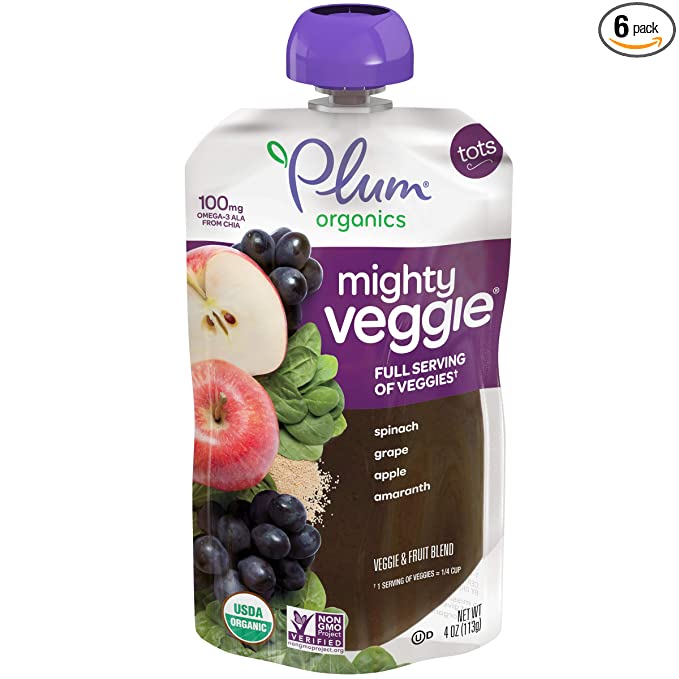 Plum Organics Baby Food Pouch | Mighty Veggie | Spinach, Grape, Apple & Amaranth | 4 Ounce | 6 Pack | Organic Food Squeeze for Babies, Kids, Toddlers - 846675008091