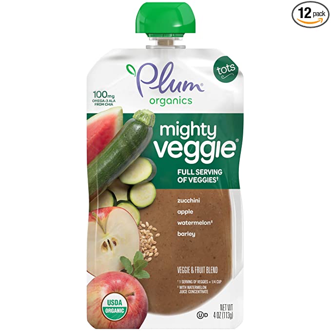 Plum Organics Baby Food Pouch | Mighty Veggie | Zucchini, Apple, Watermelon & Barley | 4 Ounce | 12 Pack | Organic Food Squeeze for Babies, Kids, Toddlers - 846675007353