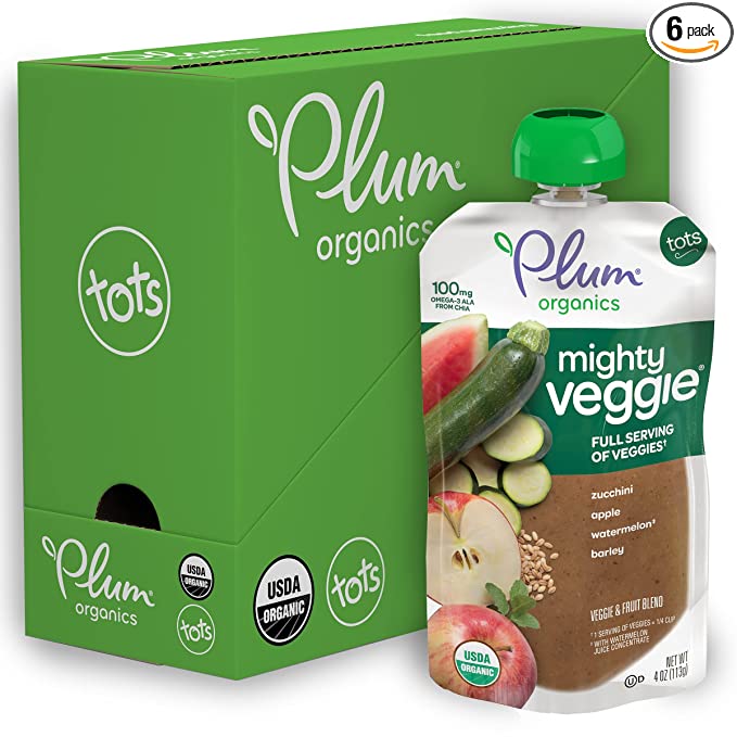 Plum Organics Baby Food Pouch | Mighty Veggie | Zucchini, Apple, Watermelon & Barley | 4 Ounce | 12 Pack | Organic Food Squeeze for Babies, Kids, Toddlers - 846675008107