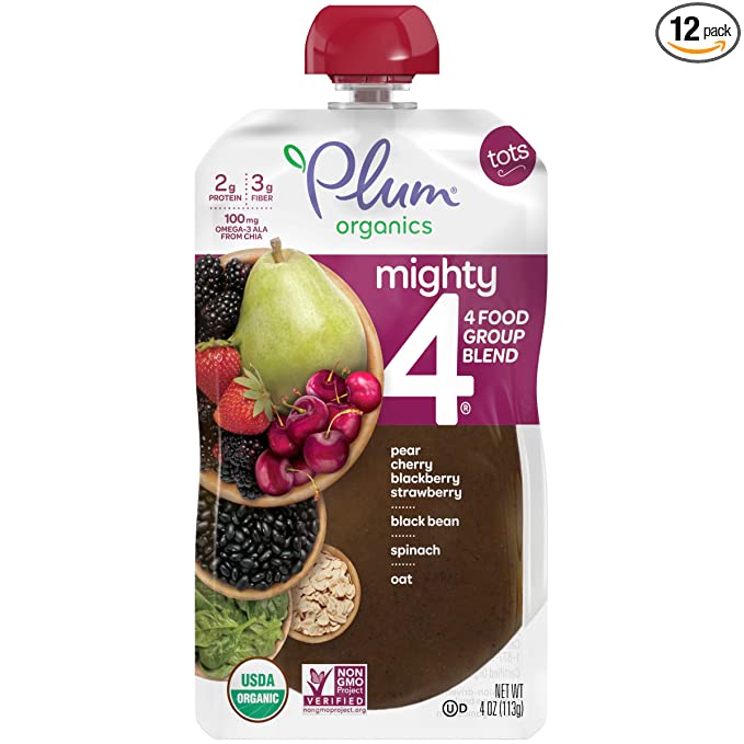 Plum Organics Baby Food Pouch | Mighty 4 | Cherry, Blackberry, Strawberry, Black Bean, Spinach and Oat | 4 Ounce | 6 Pack | Organic Food Squeeze for Babies, Kids, Toddlers - 846675007438