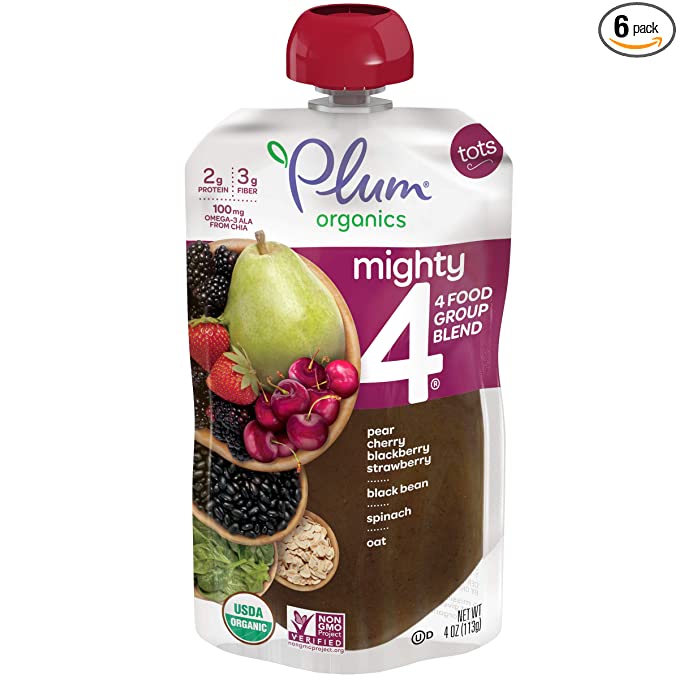  Plum Organics Baby Food Pouch | Mighty 4 | Cherry, Blackberry, Strawberry, Black Bean, Spinach and Oat | 4 Ounce | 6 Pack | Organic Food Squeeze for Babies, Kids, Toddlers  - 846675008121
