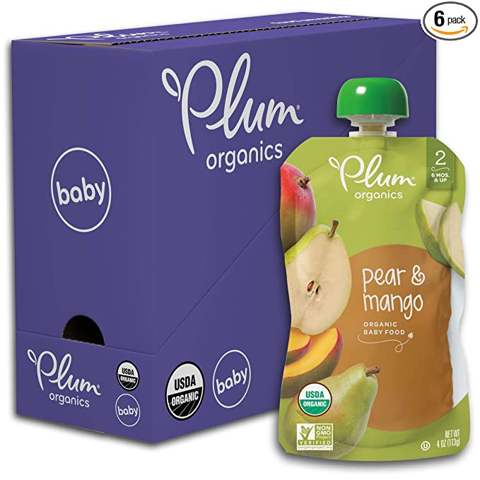 Plum Organics Baby Food Pouch | Stage 2 | Pear and Mango | 4 Ounce | 6 Pack | Fresh Organic Food Squeeze | For Babies, Kids, Toddlers - 846675007575