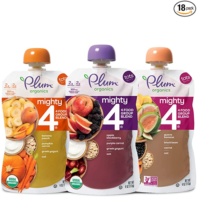  Plum Organics Baby Food Pouch | Mighty 4 | Variety Pack | 4 Ounce | 18 Pack | Organic Food Squeeze for Babies, Kids, Toddlers  - 846675011657