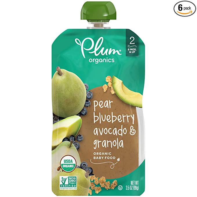 Plum Organics Baby Food Pouch | Stage 2 | Pear, Blueberry, Avocado and Granola | 3.5 ounce | 6 Pack | Fresh Organic Food Squeeze | For Babies, Kids, Toddlers  - 846675013491