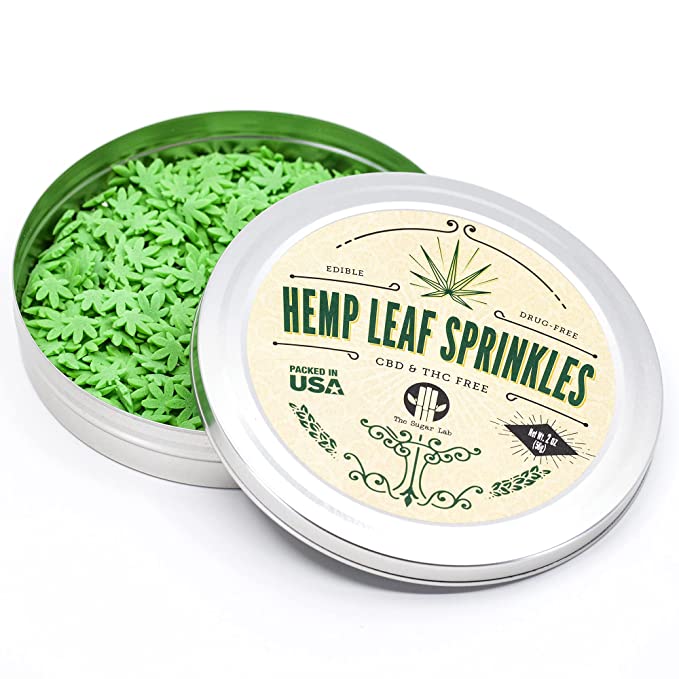  The Sugar Lab Hemp Leaf Sprinkles - Edible Marijuana Party Decorations - CBD & THC Free - Cake Decor & Ice Cream Topping - For 420 Party Cupcakes - Pot Leaf Sugar Sprinkles - 2oz - Sold in a Bud Tin - 846836025035