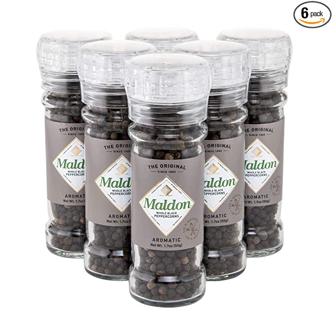  Maldon Salt, Whole Black Peppercorn Grinder, 50 g, 6 Count, Refillable and Adjustable, Kosher, Natural, Aromatic  - 847972000221