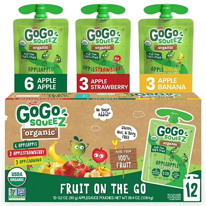  GoGo squeeZ Organic Fruit on the Go Variety Pack, Apple/Banana/Strawberry, 3.2 oz. (12 Pouches) - Made from Organic Apples, Bananas & Strawberries - Gluten Free Snacks - Nut & Dairy Free - Vegan Snack  - 848860001313