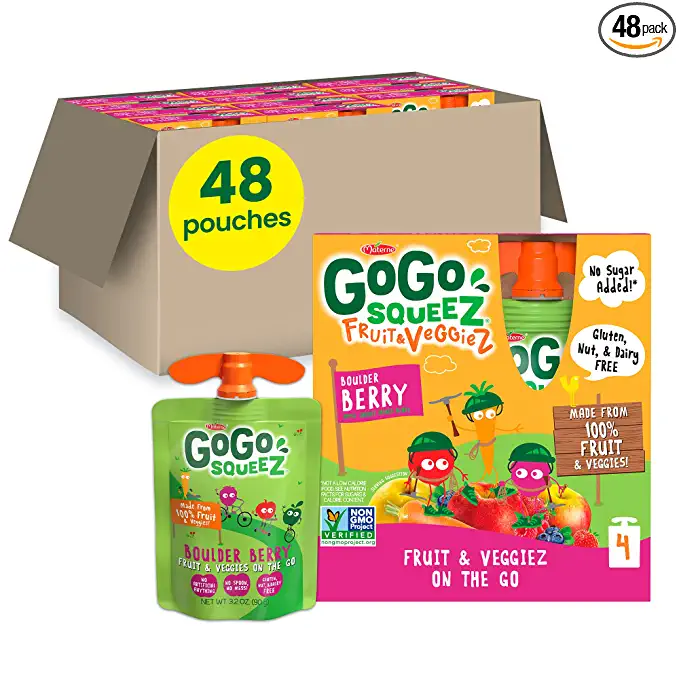 GoGo squeeZ fruit & veggieZ, Boulder Berry, 3.2 oz. (48 Pouches) - Tasty Kids Snacks Made from Apples, Mixed Berries & Carrots - Gluten Free Snacks for Kids - Nut & Dairy Free - Vegan Snacks  - 848860002075
