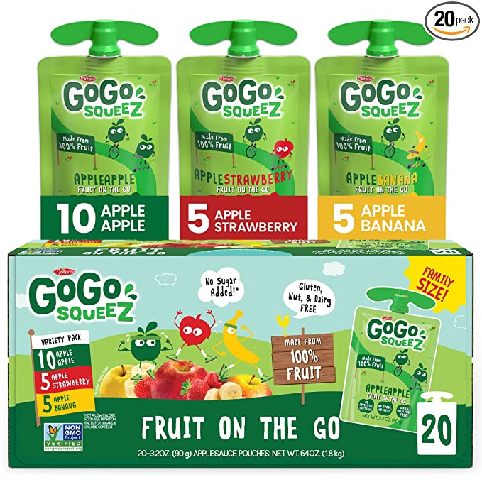  GoGo squeeZ Fruit on the Go Variety Pack, Apple Apple, Apple Banana, & Apple Strawberry, 3.2 oz. (20 Pouches) - Tasty Kids Applesauce Snacks - Gluten Free Snacks for Kids - Nut & Dairy Free - Vegan Snacks  - 848860043139