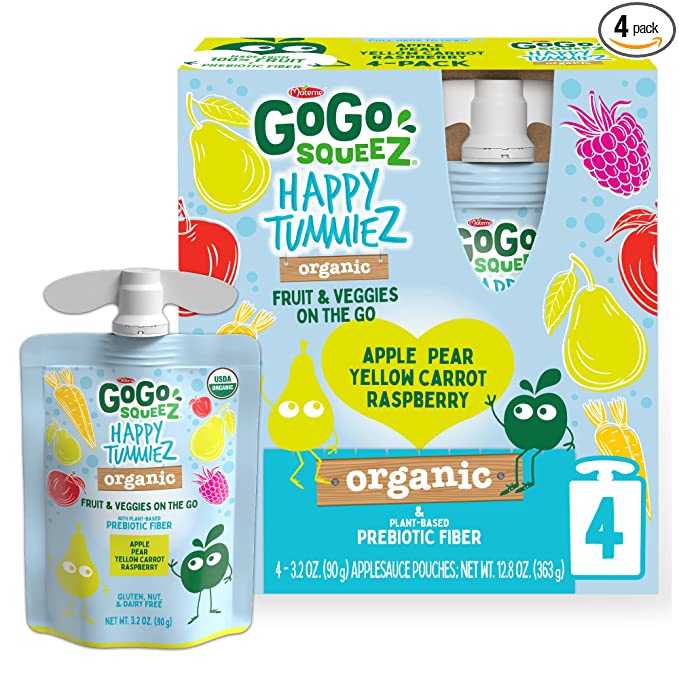 GoGo squeeZ happy tummieZ Organic Apple Pear Yellow Carrot Raspberry, 3.2 oz. (4 Pouches) - Kids Snacks with Prebiotic Fiber - Gluten Free Snacks for Kids - Nut & Dairy Free - Vegan Snacks - 848860046529